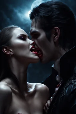 male vampire biting the neck of a young woman, dark fantasy, photorealistic