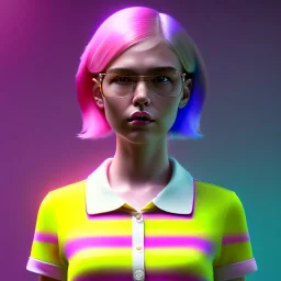 waitress teenager, rounded face, pink hair, made up cheeks, striped shirt, neon ambient light, vibrant color, pop style, highly detailed, art stations, concept art, smooth, unreal engine 5, god rays, ray tracing, RTX, lumen lighting, ultra detail, volumetric lighting, 3d, finely drawn, high definition, high resolution.