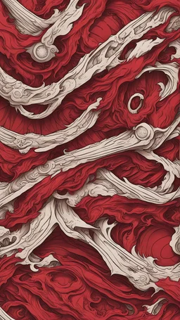 Create a captivating pattern inspired by the anime first Titan in Attack on Titan. The design should embody the essence of the inaugural Titan, capturing its colossal power and fearsome presence. Consider the intricate details of its transformation, incorporating the emotional undertones and brutal strength that define the Titan. Whether through stark lines or flowing curves red colors