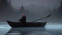 dark robe priest in a rowboat on the misty river