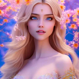 Beautyful smiling young woman, long hair amazing blue eyes, flowers, happy cosmic, bright colors, blue, pink, gold, jewels, realistic, photo real, clear sunny background, highly detailed, high contrast, 8k high definition, unreal engine 5, extremely sharp detail, light effect, sunny light background