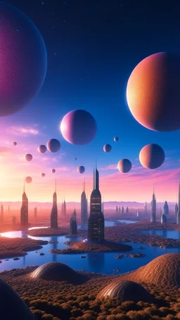 beautiful alien city. large planets in sky