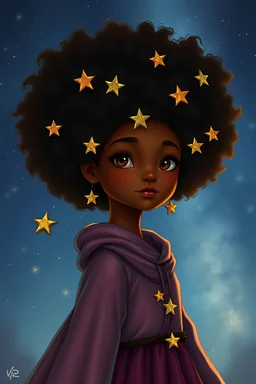 A scene from a fantasy book, where a girl with african american curly hair has an afro, and her afro is decorated with star charms. The background is the night sky.