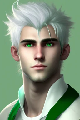 A young adult man with messy white hair and white cat ears, green eyes