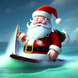 Santa surfing a big wave, surfboard, beach, character design by cory loftis, fenghua zhong, ryohei hase, ismail inceoglu and ruan jia. unreal engine 5, artistic lighting, highly detailed, photorealistic, fantasy