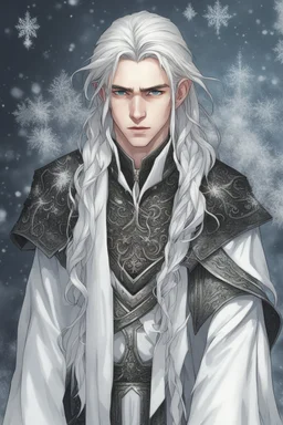 a young high elf frost Wizard with long wiry hair, wearing a black trimmed white nobleman's robe and frost ornaments on clothes