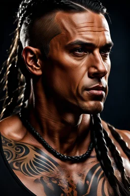 portrait of a 35 year old Handsome muscular warrior with tanned skin adorned with tattoos and dark braided hair. photorealistic