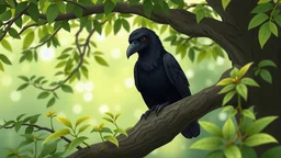 Make a image of a crow who is very sad sitting on a tree make it realistic cartoon image make it greenery surrounding