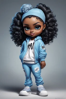 Create an airbrush image of a curvy chibi cartoon black female wearing a light blue jogger set and black sneakers. Prominent make up with hazel eyes. Extremely highly detailed of messing curly bun