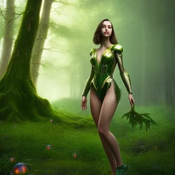 upper body of yohan diniz leaning against tree, fast walker, as a young cute feminine woman, short hair, green forest background, pond, mega flowers, dusk, 100 fireflies, throne