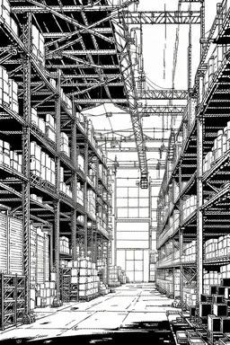 Industrial warehouses, line arts, manga style