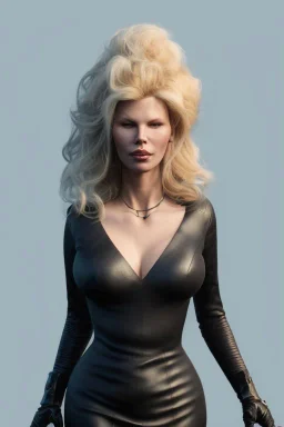 Kim Basinger in black leather gown, evil,energetic, villain, busty, cleavage, curvy, angry, happy, stern look. character design by cory loftis, fenghua zhong, ryohei hase, ismail inceoglu and ruan jia. unreal engine 5, artistic lighting, highly detailed, photorealistic, fantasy