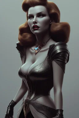 Rita Hayworth as evil queen in black leather, busty, cleavage, curvy, angry, stern look. character design by cory loftis, fenghua zhong, ryohei hase, ismail inceoglu and ruan jia. unreal engine 5, artistic lighting, highly detailed, photorealistic, fantasy