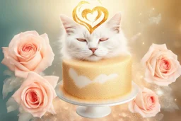 Beautiful composition, double exposure, merged layers, lifelike ethereal roses, birthday cake, cats - different kinds, gemstones, gold glitter, waterfall, heart, flame in sunshine