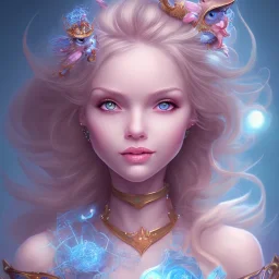 portrait, visage sourire, fée, magicienne, grands yeux bleus, fantasy, bleu et rose