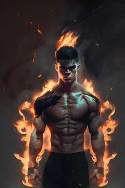 Boy with muscle and black clothes and power fire