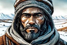 create a front facing, portrait illustration of an young, otherworldly lost Siberian nomadic wanderer with highly detailed, sharply lined and deeply weathered facial features in a desolate tundra steppe landscape in the comic art style of Enki Bilal, precisely drawn, finely lined and inked in natural winter tundra colors, hyper realistic, 8k, 3d render