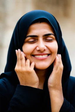 Palestinian woman with beautiful face turning her face slightly to the left and a beautiful smile and her mouth closed