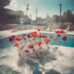 anemones in a swimming pool, old damaged white polaroid, sunny day, vivid colors, bokeh effect