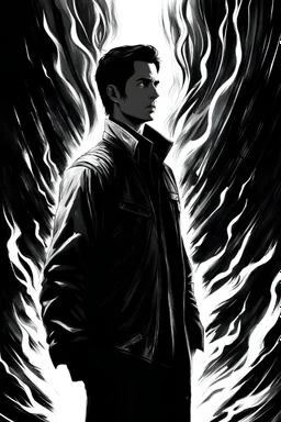 Alan Wake 2, Show me the Champion of Light, I'll show you the Herald of Darkness, negative black, white, and gray Speedpaint with large brush strokes, by Junji Ito