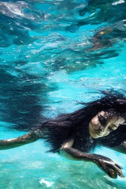 a beautiful woman, long curly black hair,closed eyes,coming from beneath the water,braking the surface with her face just coming out the water,looking up symbolism for breaking free. realistic,8k quality, action close shot from areal view,highly detailed , chaos 80
