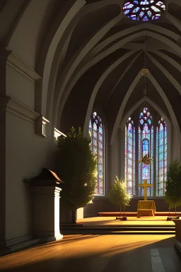 church, inside, atmospheric, realistic, cinematic lighting, octane render.