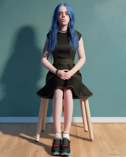 Billie Eilish, sitting on a chair, Black Short Dress, high detail