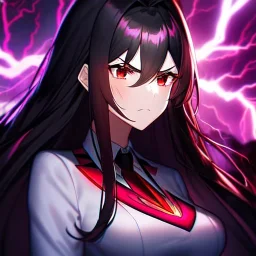 Clear focus, 8k, high quality, detailed, beautiful lighting, vibrant colors, black long hair, vibrant red eyes, girl, lightning magic, angry, evil look