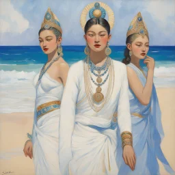 [art by Kupka] The term "Fuku" refers to fortune or good luck. "Shiva" refers to Gigi Hadid as the Hindu deity who represents strongly polar qualities, both severe and delicate. On a beach inspired by ethereal adventures in Thailand, three youths cavort. Two are representational figures and the third is Gigi Hadid, who is psychologically rendered. A dynamic relationship ensues between the triad; a reciprocity of active and passive states