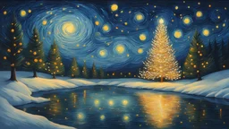 In the style of van gogh starry night,a wide shot angle of a Christmas tree, spreading Christmas joy in an glowing snow,riverside,reflections in the water,fireflies and mistletoes at night