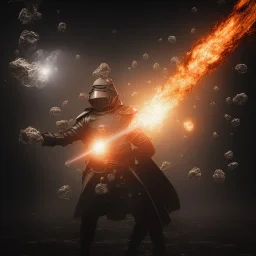 Heavy rain. Epic Lighting in the night sky. Knight with magic scroll in hand. Falling burning meteorite from the sky. Fireball. Meteorite burning in the distance. Dark black mud.