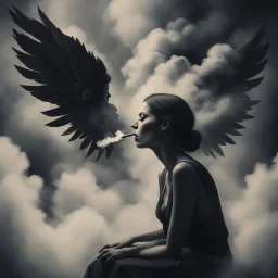 women sitting forward Her face turned upwards and blows cigarette smoke from their mouth. It depicts a figure with wings emerging from its back. behind the clouds of smoke seen death. dark and mysterious