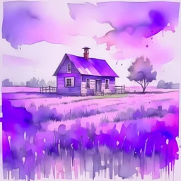 purple field with a wooden house in the middle in watercolor