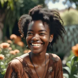 A picture of a beautiful black woman in 2023, smiling, in a sunny garden, aged 25, with color