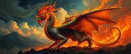 Neubraxas older than God fire and darkness volcano Haiti dragon with rooster head and serpent legs as a vision of the beginning of awakening within a dream of paint color and time and a whip covered in blood
