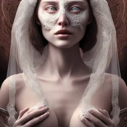 broken, cracked-open woman's face, fine detail, highly intricate, wearing bridal veil, modern surrealism painting, identity crisis, high-quality, volumetric lighting, 8k, ultrahd, George Grie, Marco Escobedo, Igor Morski