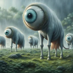 far in the distance five big crepy-cute weird creatures stand on four legs on eart , on tube heads is one giant eye , gray-white-pale blue color skin, with big cow udders on the belly between their legs,, without ears ,peacefully grazing the grass, background is a jungle, rain, detailed, sci-fi, fantasy, cinematic