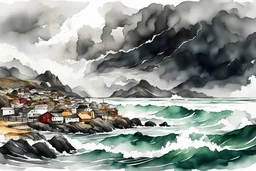 an abstract ink wash and watercolor illustration of a storm tossed, highly detailed coastal fishing village in the Lofoten Isalnds , with ominous thunderheads and pounding surf , finely drawn and inked, 4k, hyper detailed and vibrantly colored