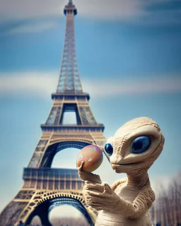 ET holding an Easter egg in front of the Eiffel Tower