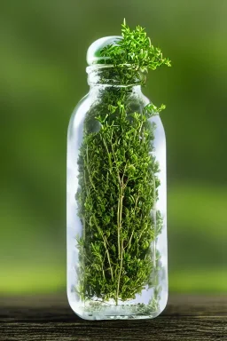 Thyme growing in a bottle beautiful landscape, realistic and natural, detailed full-color , nature, HD photography, Galen Rowell, David Muench, perfect composition, gloss, hyperrealism