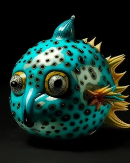A turquoise water elemental pufferfish designed in Matryoshka dolls painted by Jackson Pollock