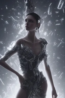 young, beautiful brunette with a perfect angry face, wearing black off shoulder dress, in a dance club, hands on her hips, sharp focus, emitting diodes, smoke, artillery, sparks, racks, system unit, motherboard, by pascal blanche rutkowski repin artstation hyperrealism painting concept art of detailed character design matte painting, 4 k resolution blade runner