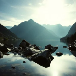 Sublime foto close-up Kodak Portra 160, dream-core, liminal, odd-core, alta definizione di un lago, monti, decal, bas-relief, abeti Alps, collage art, d sublime, splimapys, acqua nera riflette un sole nero circonda il lago, alghe, hypermaximalist, Henri Rousseau style, strangeness, intricate, hypnotic, obsessive, 8k, deep 3d field, very accentuated details of the rocks and shtn, eerie, artistic photo, shot on Hasselblad, large format film, medium format film