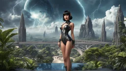 Photorealistic, full Body Photo Of A slim Exotic Sci-Fi Pin-Up Girl, With dark Hair and Bangs, on an alien jungle Planet With Cloud Trees, Tall Spires, Buildings, Bridges, Arches, a stormy skyline, with lightning