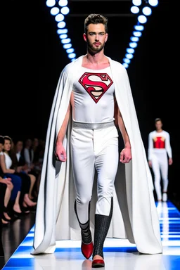 A guy on a fashion runway with Kryptonian Superman design clothes white tones