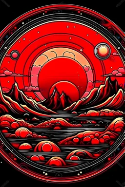 Red sun eclipsed by alien planet in the style of a tattoo