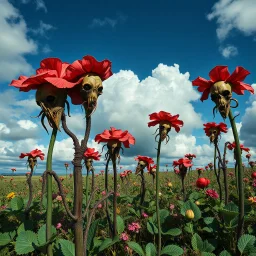 Photography of a landscape with spooky creepy monster flowers, surreale, Max Ernst, Yves Tanguy, Henry Rousseau, natura morta, glossy, obsessive, intricate, creepy nightmare, organic, strong texture, figures, hypnotic, blue sky, clouds, hasselblad h6d400c --ar 85:128 --v 6.0, paranoic, fake, obsessive, hypnotic