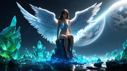 angel with a wings siting on the blue monolith made of blue tiberium crystals of lights, matrix universe, planets on the back grounds, green crystals of tiberium on the life and right