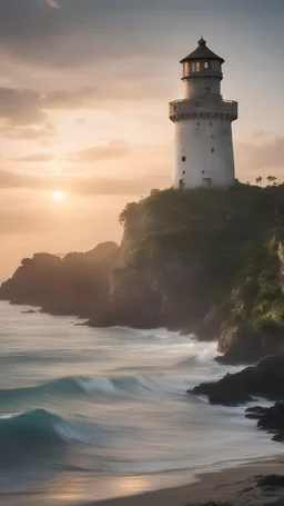 Photoreal magnificent gargantuan medieval light house on an exotic caribbean coast with a frothy sea at sunset by lee jeffries, in the style of fantasy movies, photorealistic, shot on Hasselblad h6d-400c, zeiss prime lens, bokeh like f/0.8, tilt-shift lens 8k, high detail, smooth render, unreal engine 5, cinema 4d, HDR, dust effect, vivid colors
