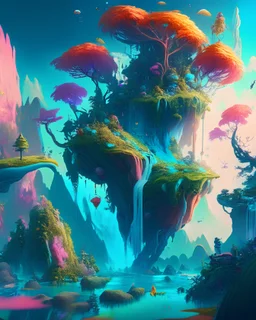 A surreal and dreamlike landscape of floating islands, cascading waterfalls, and vibrant, otherworldly vegetation. The scene is inhabited by whimsical, fantastical creatures that defy the laws of physics and gravity, creating a sense of wonder and intrigue. 8K resolution, vivid colors, and imaginative details make this image a feast for the eyes.